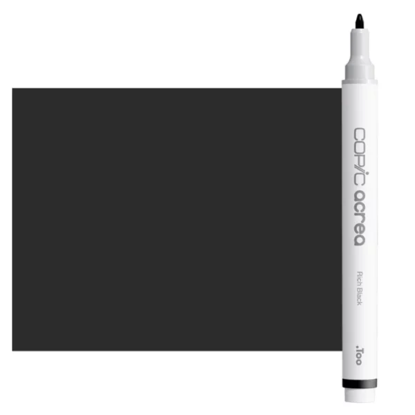 A single Rich Black Copic Acrea Paint Marker is shown standing vertically along the right hand side of the frame. The marker does not have a lid on, so you can see the round bullet tip. The marker is white with a colour band around the bottom of the marker barrel that denotes the colour of the ink. The Copic Acrea logo and colour name are printed on the barrel of the marker. There is a large, rectangular colour block to the left of the marker, and just underneath the marker that is filled with the colour of the ink. The image is center of the frame and on a white background.