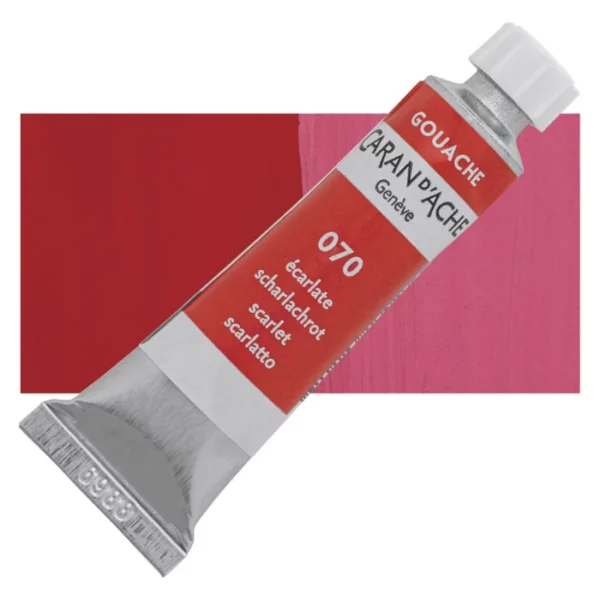 A single Scarlet Caran D'Ache Studio Gouache Tube is shown diagonally across the center of the frame, overlapping a rectangular colour swatch in the background, which denotes the colour of the paint. The tube is silver and has a label around the body of the tube, that is printed in the colour of the paint. The Caran D'Ache logo, Paint Colour and details are printed on the label. The tube has a white plastic screw on cap. On a white background.