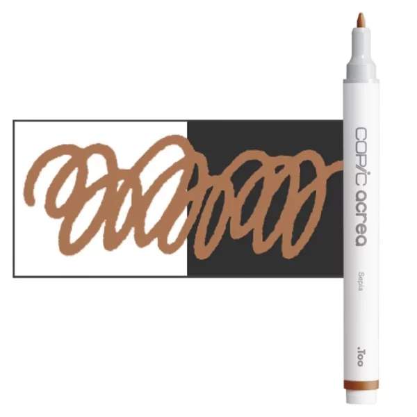 A single Sepia Copic Acrea Paint Marker is shown standing vertically along the right hand side of the frame. The marker does not have a lid on, so you can see the round bullet tip. The marker is white with a colour band around the bottom of the marker barrel that denotes the colour of the ink. There is a rectangular colour swatch to the left of the marker, and slightly under the marker. The ink is shown on a squiggle that is overlayed on a white and black bakground so you can see the ink is opaque. The image is center of the frame and on a white background.