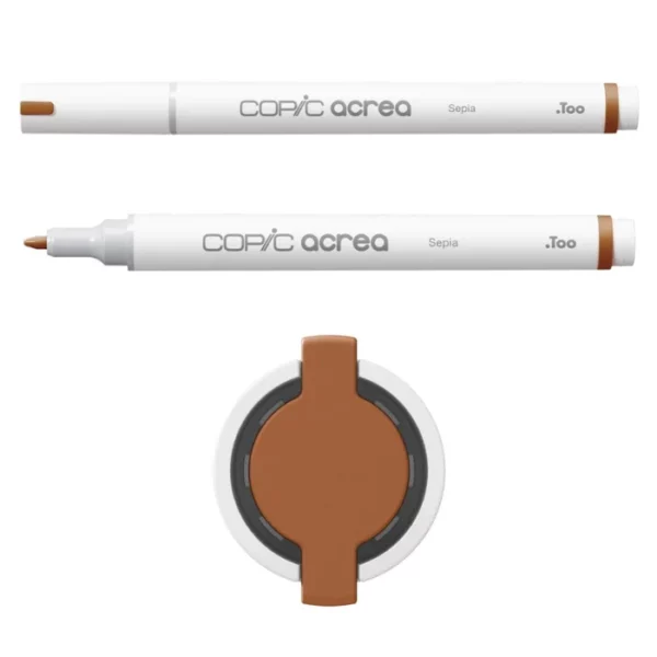 Two Sepia Copic Acrea Paint Markers are shown, laying horizontally, one below the other, at the top of the frame. The marker at the top has a lid on and the marker below it has no lid. The markers are white and have a colour band around the base of the barrel that denotes the colour of the ink. The Copic Acrea logo is printed on the barrel of the marker with the colour name. The top of a lid can be seen in the center, bottom of the frame. There is a coloured circle on the cap that denotes the colour of the ink. The image is center of the frame and on a white background.