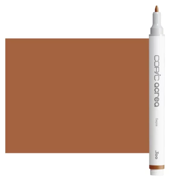 A single Sepia Copic Acrea Paint Marker is shown standing vertically along the right hand side of the frame. The marker does not have a lid on, so you can see the round bullet tip. The marker is white with a colour band around the bottom of the marker barrel that denotes the colour of the ink. The Copic Acrea logo and colour name are printed on the barrel of the marker. There is a large, rectangular colour block to the left of the marker, and just underneath the marker that is filled with the colour of the ink. The image is center of the frame and on a white background.