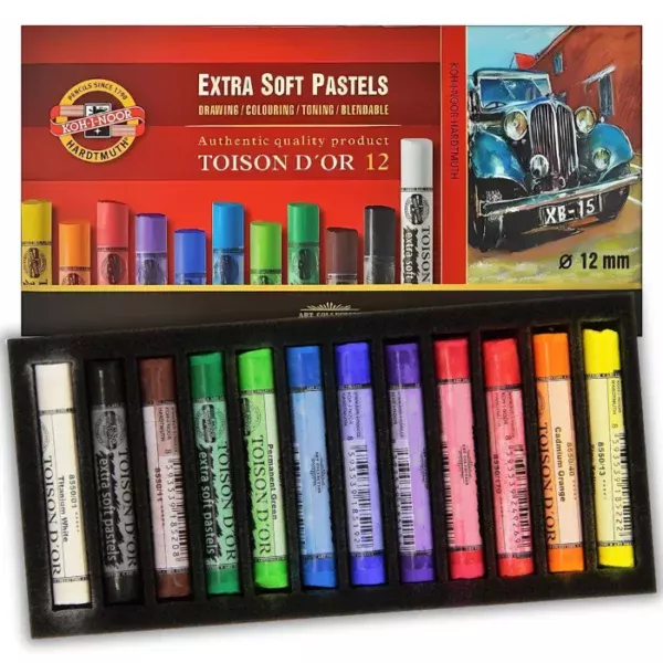 A single Set of 12 Koh-I-Noor Toison D'or Artist Extra Soft Pastels is shown in the frame. The lid is shown at the top of the frame, and the base that holds the pastels in below it, overlapping the lid slightly. The lid is printed in red and has the logo on the cover and a picture of some loose pastels. The pastels in the bottom layer of the box are shown lined up next to each other. Each pastel is a different colour and each pastel has a paper wrapper around the body of the pastel. The wrapper is printed with the logo and the pastel colour details. On a white background.