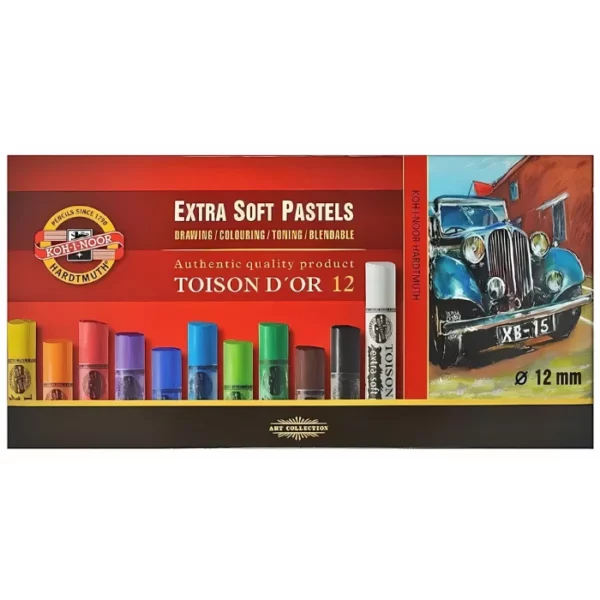 A single Set of 12 Koh-I-Noor Toison D'or Artist Extra Soft Pastels is shown in the frame. The box is rectangular in shape and sits across the center of the frame horizontally. The box is red in colour and has the Koh-i-noor logo printed on it. It has a picture of some soft pastels on the cover and a picture of a car that was drawn using the pastels. The image is center of the frame and on a white background.