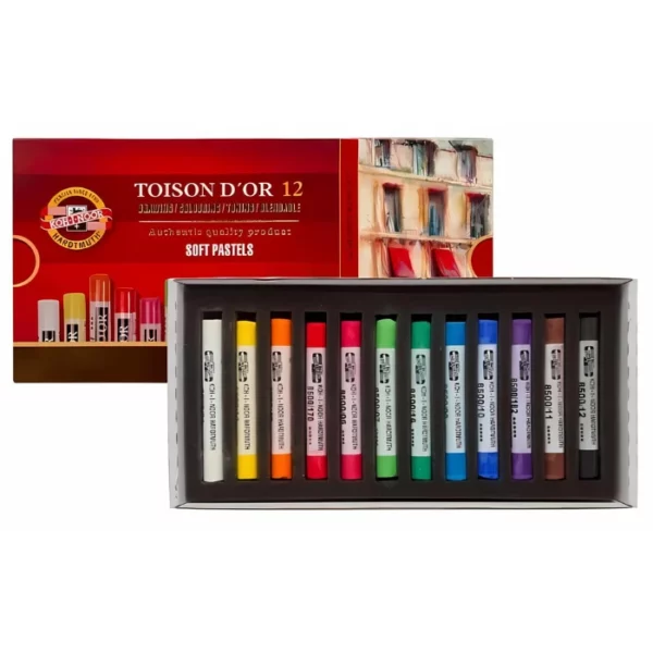 A single Set of 12 Koh-I-Noor Toison D'or Soft Pastels is shown in the frame. The lid is shown at the top of the frame, and the base that holds the pastels in below it, overlapping the lid slightly. The lid is printed in red and has the logo on the cover and a picture of some loose pastels. The pastels in the bottom layer of the box are shown lined up next to each other. Each pastel is a different colour and each pastel has a paper wrapper around the body of the pastel. The wrapper is printed with the logo and the pastel colour details. On a white background.