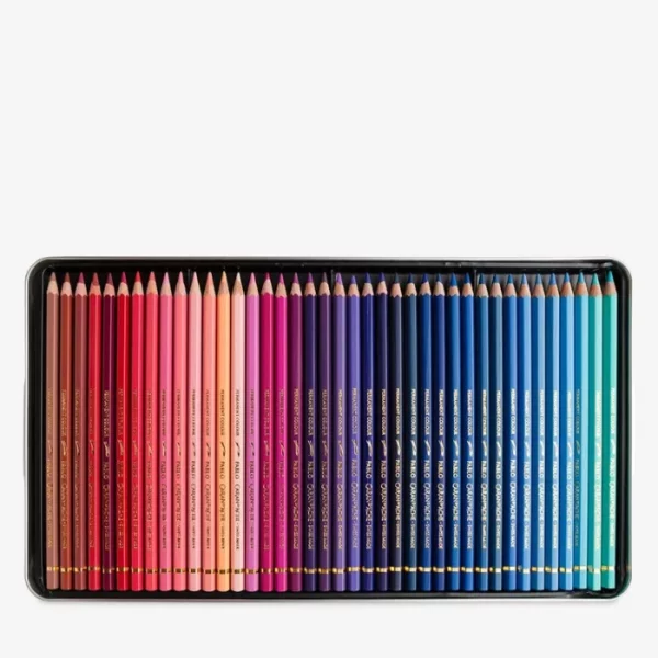 A single tray from a Set of 120 Caran D'Ache Pablo Coloured Pencils is shown horizontally, across the bottom of the frame. The pencils have coloured barrels, this denotes the colour of the lead. On a light grey background.