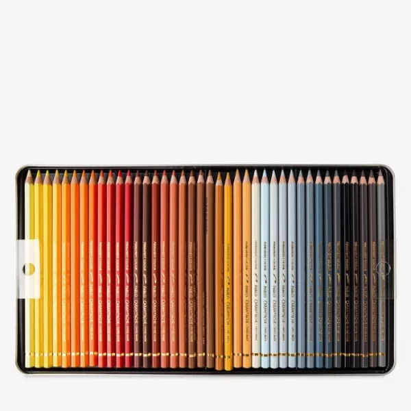 A single tray from a Set of 120 Caran D'Ache Pablo Coloured Pencils is shown horizontally, across the bottom of the frame. The pencils have coloured barrels, this denotes the colour of the lead. On a light grey background.