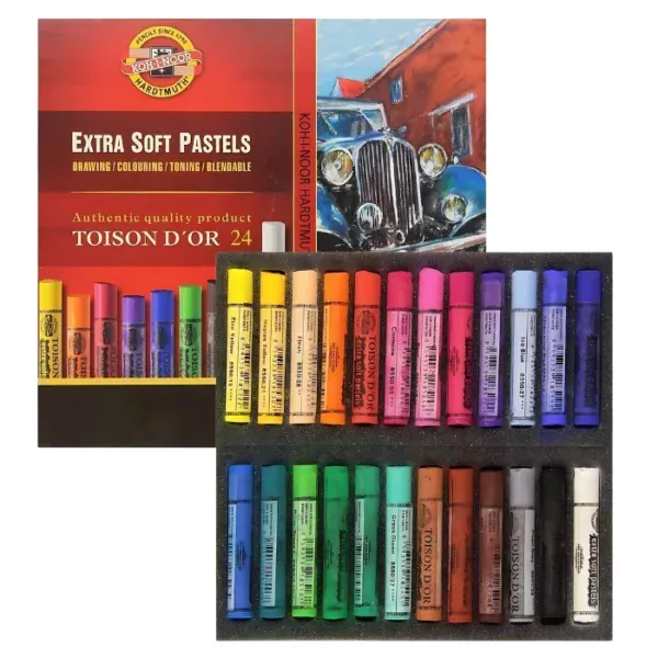 A single Set of 24 Koh-I-Noor Toison D'or Artist Extra Soft Pastels is shown in the frame. The lid is shown at the top of the frame, and the base that holds the pastels in below it, overlapping the lid slightly. The lid is printed in red and has the logo on the cover and a picture of some loose pastels. The pastels in the bottom layer of the box are shown lined up next to each other. Each pastel is a different colour and each pastel has a paper wrapper around the body of the pastel. The wrapper is printed with the logo and the pastel colour details. On a white background.