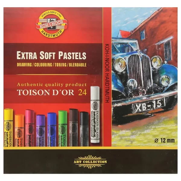 A single Set of 24 Koh-I-Noor Toison D'or Artist Extra Soft Pastels is shown in the frame. The box is square in shape and sits in the center of the frame. The box is red in colour and has the Koh-i-noor logo printed on it. It has a picture of some soft pastels on the cover and a picture of a car that was drawn using the pastels. The image is center of the frame and on a white background.