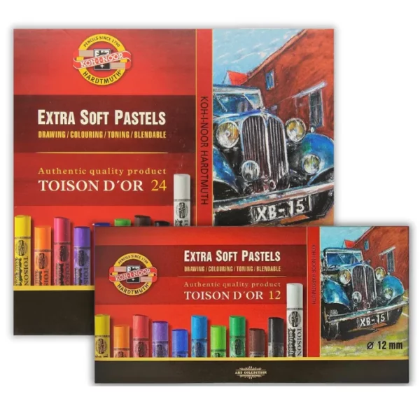 A Set of 12 and a Set of 24 Koh-I-Noor Toison D'or Artist Extra Soft Pastels are shown in the frame. The set of 24 is in the back left hand corner and the set of 12 is in front of it. They are both in a red box and have a picture of the pastels on the front cover of the boxes. On a white background.