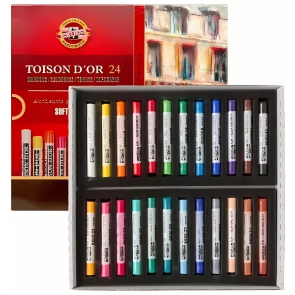 A single Set of 24 Koh-I-Noor Toison D'or Soft Pastels is shown in the frame. The lid is shown at the top of the frame, and the base that holds the pastels in below it, overlapping the lid slightly. The lid is printed in red and has the logo on the cover and a picture of some loose pastels. The pastels in the bottom layer of the box are shown lined up next to each other. Each pastel is a different colour and each pastel has a paper wrapper around the body of the pastel. The wrapper is printed with the logo and the pastel colour details. On a white background.