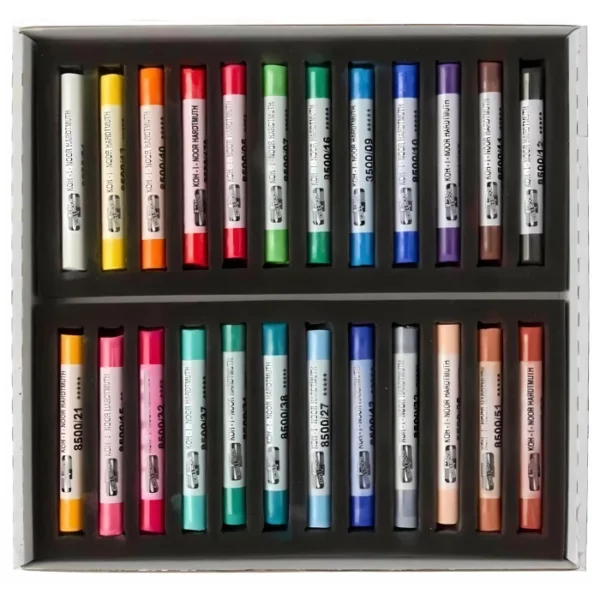 A single Set of 24 Koh-I-Noor Toison D'or Soft Pastels is shown in the frame. This shows the bottom of the set only, the tray that houses the pastels. The pastels are lined up next to each other. Each pastel is a different colour and has a paper wrapper around the body of the pastel. The wrapper is printed with the logo and colour details. The image is center of the frame and on a white background.