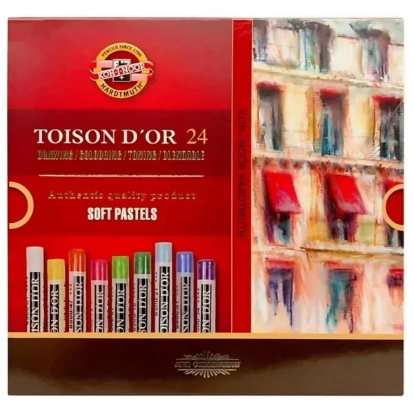 A single Set of 24 Koh-I-Noor Toison D'or Soft Pastels is shown in the frame. The box is square in shape and sits in the center of the frame. The box is red in colour and has the Koh-i-noor logo printed on it. It has a picture of some soft pastels on the cover and a picture of a car that was drawn using the pastels. The image is center of the frame and on a white background.