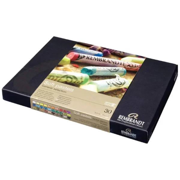 A single Set of 30 Rembrandt Royal Talens Soft Pastels is shown in it's packaging in the center of the frame. They are in a black rectangular box with a paper wrapper that is printed. There is a picture of the pastels on the wrapper as well as the brand name. On a white background.