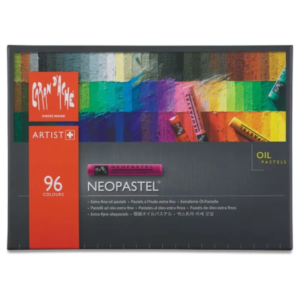 A Set of 96 Caran D'Ache Neopastels is shown vertically, in the center of the frame. The Caran D'Ache logo printed on it. The box lid is a dark grey cardboard and has an image of the pastels in use printed on it. On a white background.