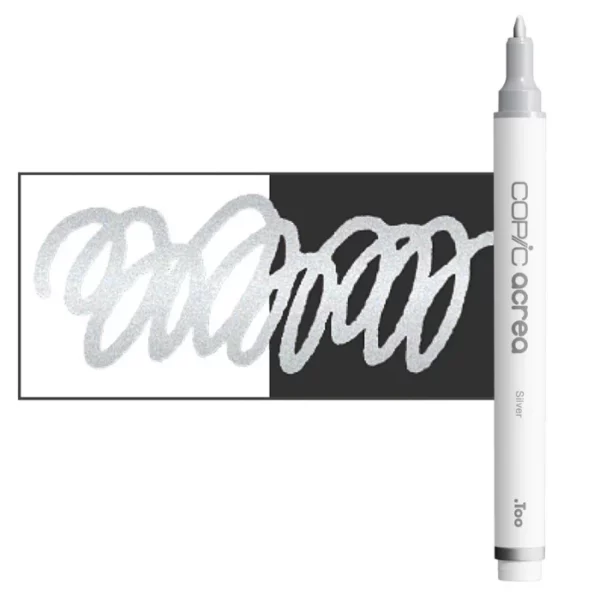 A single Silver Copic Acrea Paint Marker is shown standing vertically along the right hand side of the frame. The marker does not have a lid on, so you can see the round bullet tip. The marker is white with a colour band around the bottom of the marker barrel that denotes the colour of the ink. There is a rectangular colour swatch to the left of the marker, and slightly under the marker. The ink is shown on a squiggle that is overlayed on a white and black bakground so you can see the ink is opaque. The image is center of the frame and on a white background.