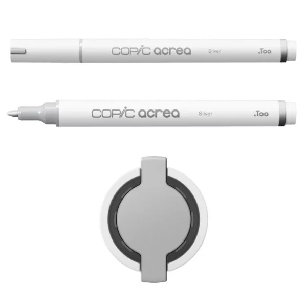 Two Silver Copic Acrea Paint Markers are shown, laying horizontally, one below the other, at the top of the frame. The marker at the top has a lid on and the marker below it has no lid. The markers are white and have a colour band around the base of the barrel that denotes the colour of the ink. The Copic Acrea logo is printed on the barrel of the marker with the colour name. The top of a lid can be seen in the center, bottom of the frame. There is a coloured circle on the cap that denotes the colour of the ink. The image is center of the frame and on a white background.