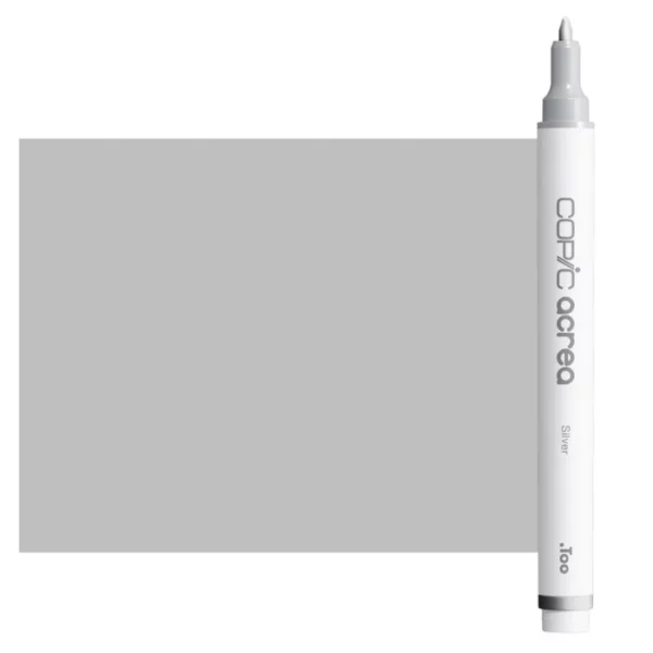 A single Silver Copic Acrea Paint Marker is shown standing vertically along the right hand side of the frame. The marker does not have a lid on, so you can see the round bullet tip. The marker is white with a colour band around the bottom of the marker barrel that denotes the colour of the ink. The Copic Acrea logo and colour name are printed on the barrel of the marker. There is a large, rectangular colour block to the left of the marker, and just underneath the marker that is filled with the colour of the ink. The image is center of the frame and on a white background.