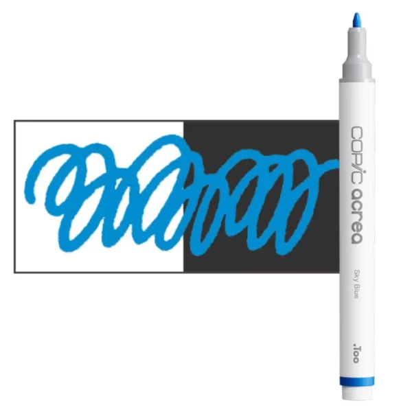 A single Sky Blue Copic Acrea Paint Marker is shown standing vertically along the right hand side of the frame. The marker does not have a lid on, so you can see the round bullet tip. The marker is white with a colour band around the bottom of the marker barrel that denotes the colour of the ink. There is a rectangular colour swatch to the left of the marker, and slightly under the marker. The ink is shown on a squiggle that is overlayed on a white and black bakground so you can see the ink is opaque. The image is center of the frame and on a white background.