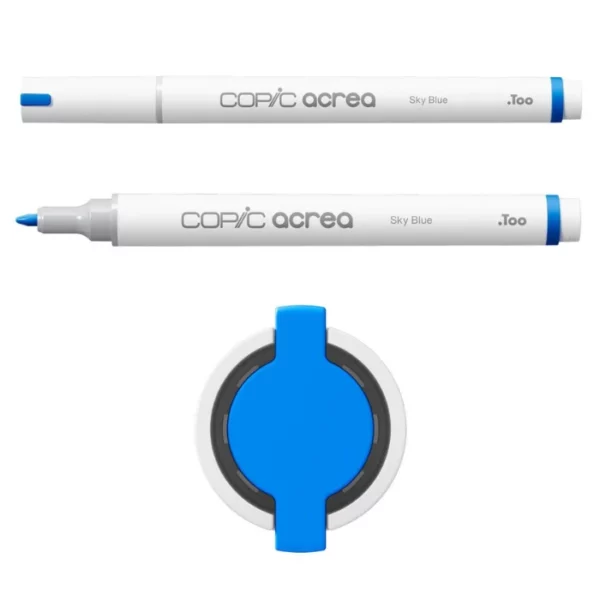 Two Sky Blue Copic Acrea Paint Markers are shown, laying horizontally, one below the other, at the top of the frame. The marker at the top has a lid on and the marker below it has no lid. The markers are white and have a colour band around the base of the barrel that denotes the colour of the ink. The Copic Acrea logo is printed on the barrel of the marker with the colour name. The top of a lid can be seen in the center, bottom of the frame. There is a coloured circle on the cap that denotes the colour of the ink. The image is center of the frame and on a white background.