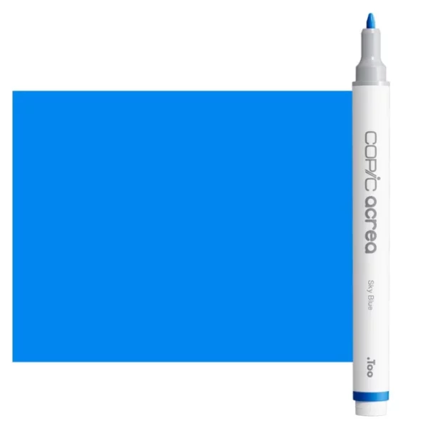 A single Sky Blue Copic Acrea Paint Marker is shown standing vertically along the right hand side of the frame. The marker does not have a lid on, so you can see the round bullet tip. The marker is white with a colour band around the bottom of the marker barrel that denotes the colour of the ink. The Copic Acrea logo and colour name are printed on the barrel of the marker. There is a large, rectangular colour block to the left of the marker, and just underneath the marker that is filled with the colour of the ink. The image is center of the frame and on a white background.