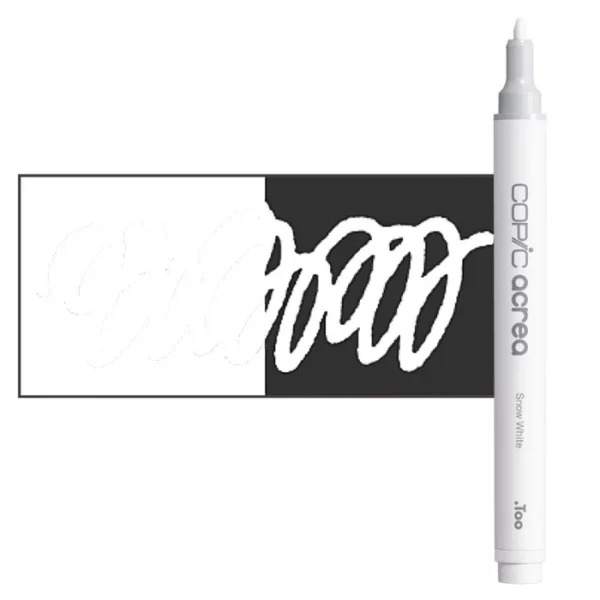 A single Snow White Copic Acrea Paint Marker is shown standing vertically along the right hand side of the frame. The marker does not have a lid on, so you can see the round bullet tip. The marker is white with a colour band around the bottom of the marker barrel that denotes the colour of the ink. There is a rectangular colour swatch to the left of the marker, and slightly under the marker. The ink is shown on a squiggle that is overlayed on a white and black bakground so you can see the ink is opaque. The image is center of the frame and on a white background.