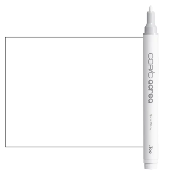 A single Snow White Copic Acrea Paint Marker is shown standing vertically along the right hand side of the frame. The marker does not have a lid on, so you can see the round bullet tip. The marker is white with a colour band around the bottom of the marker barrel that denotes the colour of the ink. The Copic Acrea logo and colour name are printed on the barrel of the marker. There is a large, rectangular colour block to the left of the marker, and just underneath the marker that is filled with the colour of the ink. The image is center of the frame and on a white background.