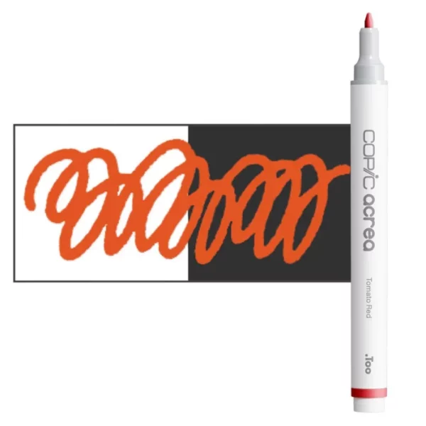 A single Tomato Red Copic Acrea Paint Marker is shown standing vertically along the right hand side of the frame. The marker does not have a lid on, so you can see the round bullet tip. The marker is white with a colour band around the bottom of the marker barrel that denotes the colour of the ink. There is a rectangular colour swatch to the left of the marker, and slightly under the marker. The ink is shown on a squiggle that is overlayed on a white and black bakground so you can see the ink is opaque. The image is center of the frame and on a white background.