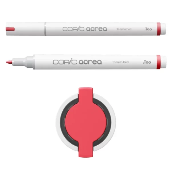 Two Tomato Red Copic Acrea Paint Markers are shown, laying horizontally, one below the other, at the top of the frame. The marker at the top has a lid on and the marker below it has no lid. The markers are white and have a colour band around the base of the barrel that denotes the colour of the ink. The Copic Acrea logo is printed on the barrel of the marker with the colour name. The top of a lid can be seen in the center, bottom of the frame. There is a coloured circle on the cap that denotes the colour of the ink. The image is center of the frame and on a white background.