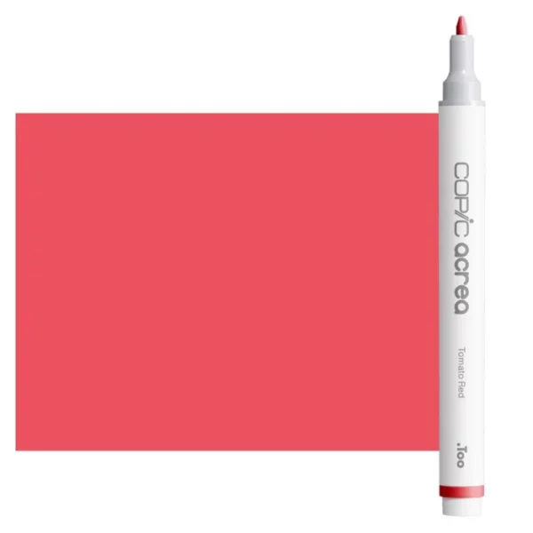 A single Tomato Red Copic Acrea Paint Marker is shown standing vertically along the right hand side of the frame. The marker does not have a lid on, so you can see the round bullet tip. The marker is white with a colour band around the bottom of the marker barrel that denotes the colour of the ink. The Copic Acrea logo and colour name are printed on the barrel of the marker. There is a large, rectangular colour block to the left of the marker, and just underneath the marker that is filled with the colour of the ink. The image is center of the frame and on a white background.