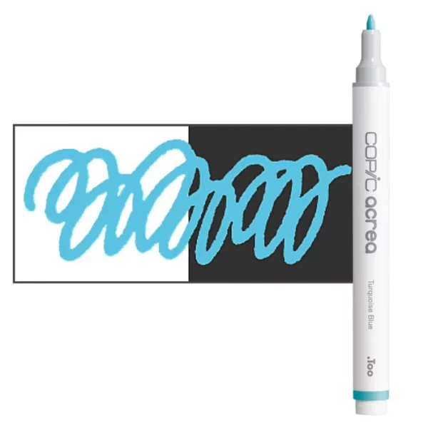 A single Turquoise Blue Copic Acrea Paint Marker is shown standing vertically along the right hand side of the frame. The marker does not have a lid on, so you can see the round bullet tip. The marker is white with a colour band around the bottom of the marker barrel that denotes the colour of the ink. There is a rectangular colour swatch to the left of the marker, and slightly under the marker. The ink is shown on a squiggle that is overlayed on a white and black bakground so you can see the ink is opaque. The image is center of the frame and on a white background.