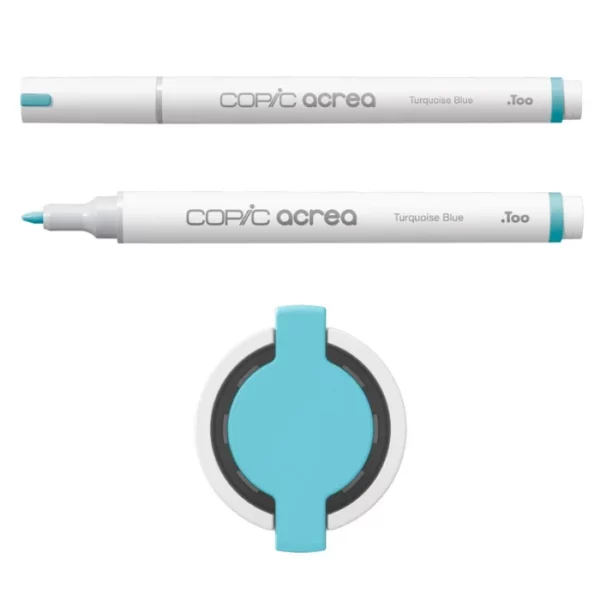 Two Turquoise Blue Copic Acrea Paint Markers are shown, laying horizontally, one below the other, at the top of the frame. The marker at the top has a lid on and the marker below it has no lid. The markers are white and have a colour band around the base of the barrel that denotes the colour of the ink. The Copic Acrea logo is printed on the barrel of the marker with the colour name. The top of a lid can be seen in the center, bottom of the frame. There is a coloured circle on the cap that denotes the colour of the ink. The image is center of the frame and on a white background.