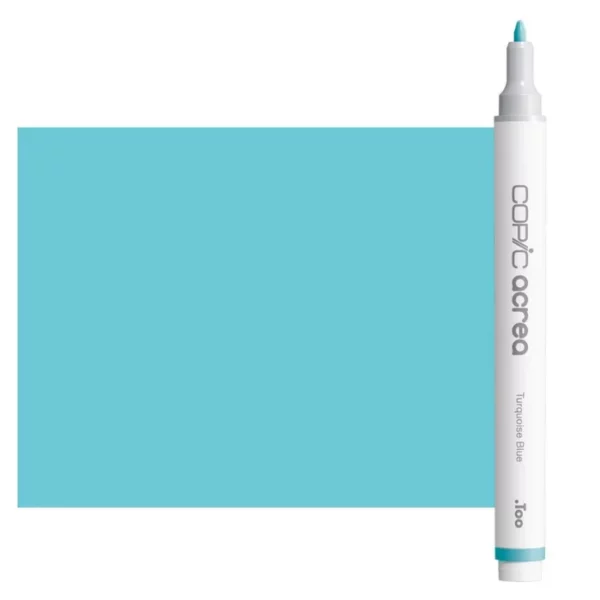 A single Turquoise Blue Copic Acrea Paint Marker is shown standing vertically along the right hand side of the frame. The marker does not have a lid on, so you can see the round bullet tip. The marker is white with a colour band around the bottom of the marker barrel that denotes the colour of the ink. The Copic Acrea logo and colour name are printed on the barrel of the marker. There is a large, rectangular colour block to the left of the marker, and just underneath the marker that is filled with the colour of the ink. The image is center of the frame and on a white background.