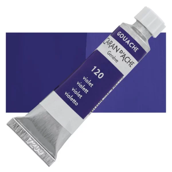 A single Violet Caran D'Ache Studio Gouache Tube is shown diagonally across the center of the frame, overlapping a rectangular colour swatch in the background, which denotes the colour of the paint. The tube is silver and has a label around the body of the tube, that is printed in the colour of the paint. The Caran D'Ache logo, Paint Colour and details are printed on the label. The tube has a white plastic screw on cap. On a white background.