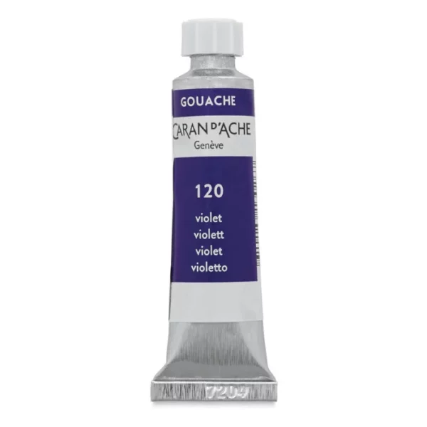 A single tube of Violet Caran D'Ache Studio Gouache Tube is shown vertically in the center of the frame. The tube is silver and has a label around the body of the tube, that is printed in the colour of the paint. The Caran D'Ache logo, Paint Colour and details are printed on the label. The tube has a white plastic screw on cap. On a white background.