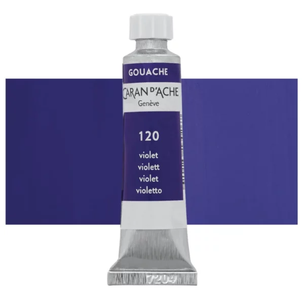 A single Violet Caran D'Ache Studio Gouache Tube is shown vertically in the center of the frame, overlapping a rectangular colour swatch in the background, which denotes the colour of the paint. The tube is silver and has a label around the body of the tube, that is printed in the colour of the paint. The Caran D'Ache logo, Paint Colour and details are printed on the label. The tube has a white plastic screw on cap. On a white background.