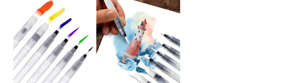 on the left hand side are a set of six water brushes theat have clear plastic barrels and whtie hairs and they are facing inwards. infront of them are small strips of rainbow colour infront of each brush showing the different shapes of each brush. the image on the right is of someone using a waterbrush on a painting they have done of a lighthouse