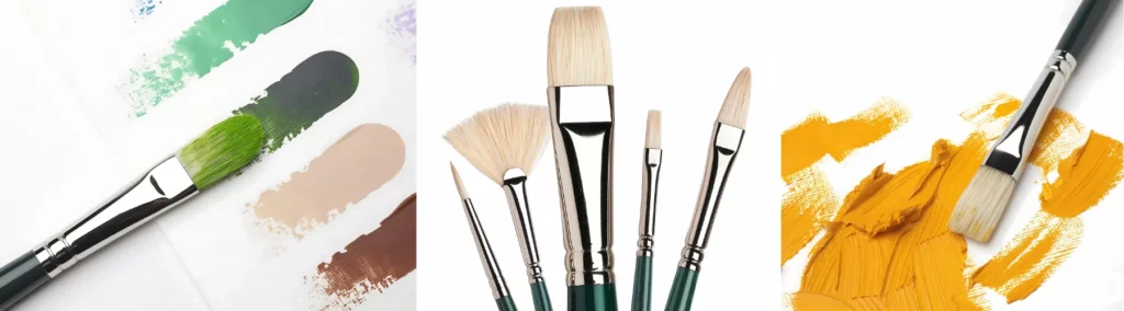 the left hand side image is a filbert brush with a dark green handle with a silver ferrule with a lime green paint on its hairs, infront of it are lines of paint in different shades. the middle image is a selection of different types of winton brushes that are fanned out in a half moon shape. they all have green handles, silver ferrules and white hairs on a white background. the right hand image is a flat brush coming from the right hand side with a dark green handle silver ferrule and white hair sitting on top of a mess of yellow oil paint on a white background