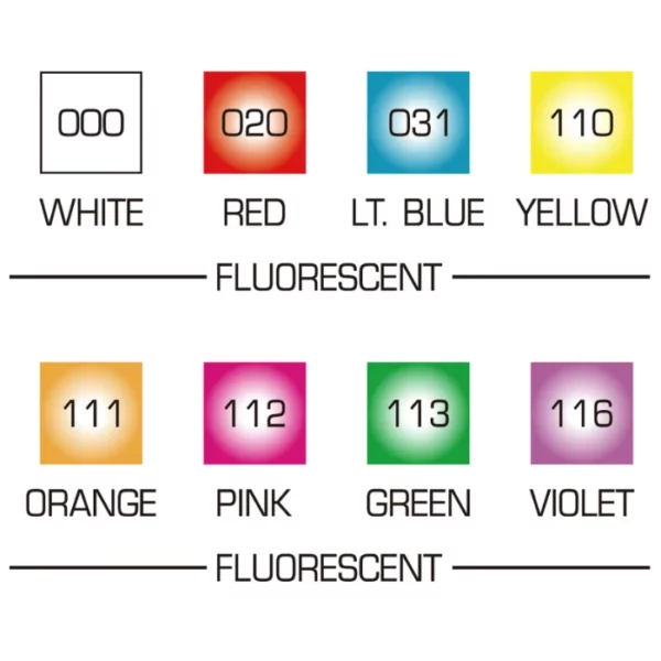 A colour chart from the markers in the Zig Posterman Illumigraph Paint Marker Medium Set of 8. There are 8 colour blocks, each a different colour, to show the colours available in the set. the colour name is written below each colour block. On a white background.