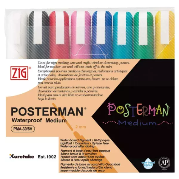 A Zig Posterman Paint Marker Medium Set of 8 is shown in the center of the frame. there are 8 markers in a clear plastic case. Each marker is a different colour. The colour of the cap denotes the colour of the marker. On a white background.