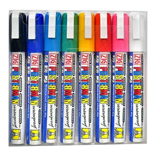 A Zig Posterman Paint Marker Medium Set of 8 is shown in the center of the frame. there are 8 markers in a clear plastic case. Each marker is a different colour. The colour of the cap denotes the colour of the marker. On a white background.