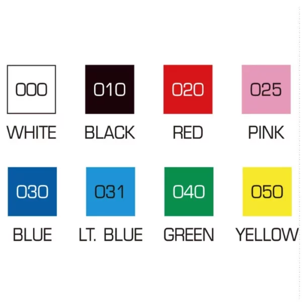 A colour chart from the markers in the Zig Posterman Paint Marker Medium Set of 8. There are 8 colour blocks, each a different colour, to show the colours available in the set. the colour name is written below each colour block. On a white background.