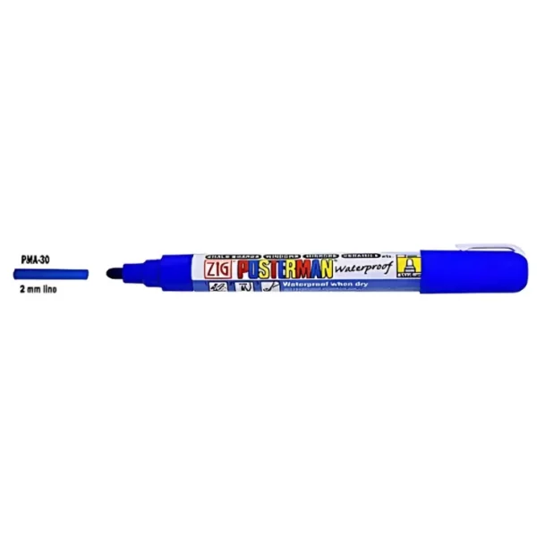 A single marker from the Zig Posterman Paint Marker Medium Set of 8 is shown horizontally across the center of the frame. It is a blue marker and the cap is off so you can see the 2mm nib size. On a white background.