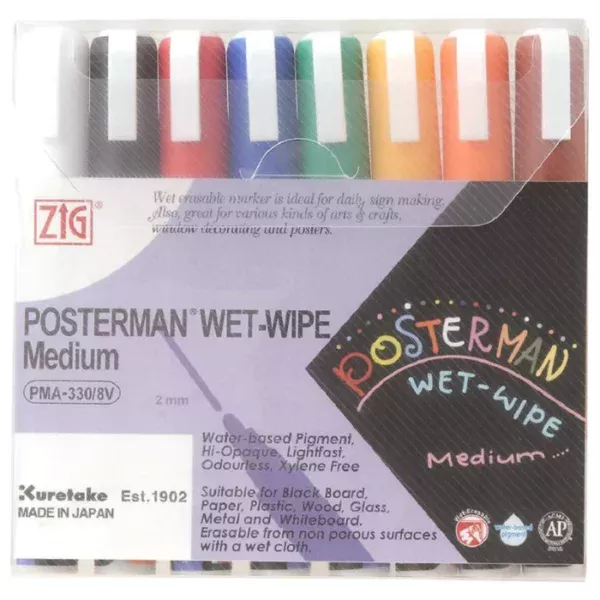 A Zig Posterman Wet Wipe Paint Marker Medium Set of 8 is shown in the center of the frame. there are 8 markers in a clear plastic case. Each marker is a different colour. The colour of the cap denotes the colour of the marker. On a white background.