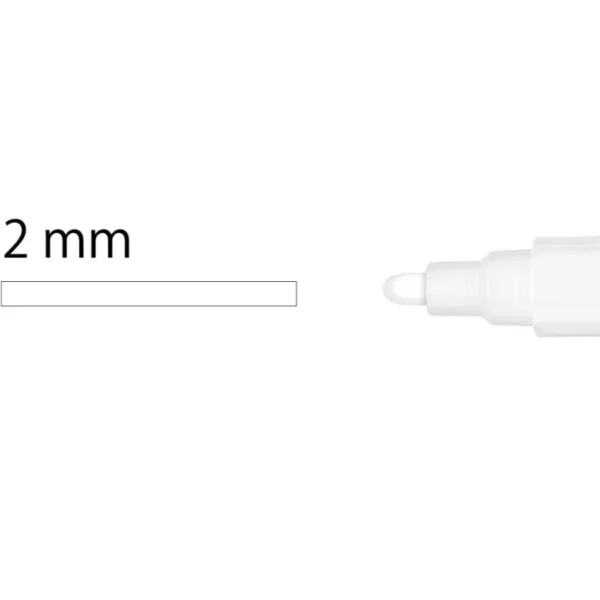 A single marker from the Zig Posterman Wet Wipe Paint Marker Medium Set of 8 is shown horizontally across the center of the frame. It is a white marker and the cap is off so you can see the 2mm nib size. On a white background.