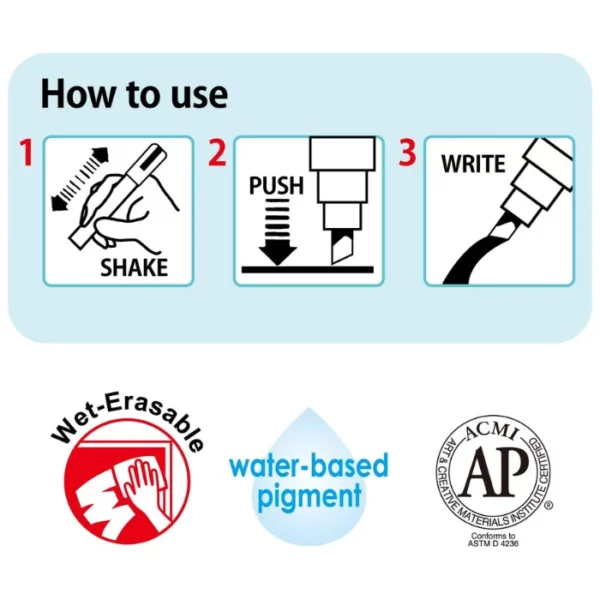 An image on how to use the Zig Posterman Wet Wipe Paint Marker Medium Set of 8 is shown in the frame. On a white background.