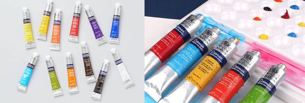 the image on the left is of assortmetn of cotman tubes all in two rows haphazardly on a white srface. they are ina rainbow order. the right hand image is a close up of five tubes with water on them sitting on a palette that has little blobs of watercolour paint on it.