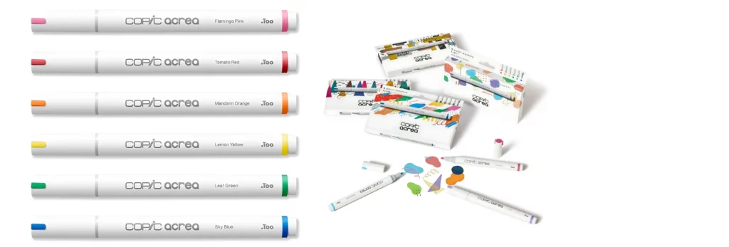 the left hand image is of a variety of copic acrea marker lying sideways. they are white pens with a colour bit on the lid and a stripe of colour at the base. the right hand image is of the four sets of the markers stacked near eachother and infront of it are some loose pens with their colour co,img out of them, on a white background