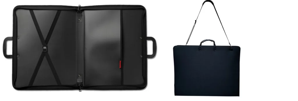 the left hand image shows an opened portfolio bag showing the folder and holders inside of it. the right hand image is of a closed portfolio bag and the long strap is up so you can see it goes over your shoulder