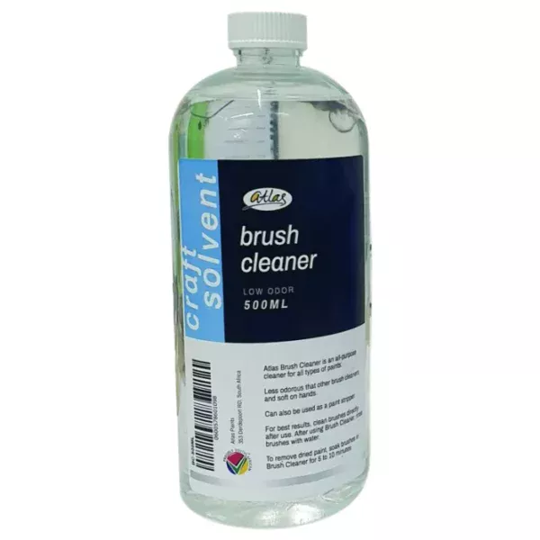 A single bottle of Atlas Brush Cleaner 500ml is shown in the center of the frame. The bottle is clear with a printed label around the body of the bottle. The liquid is also clear. The bottle has a white, plastic, screw on lid. On a white background.