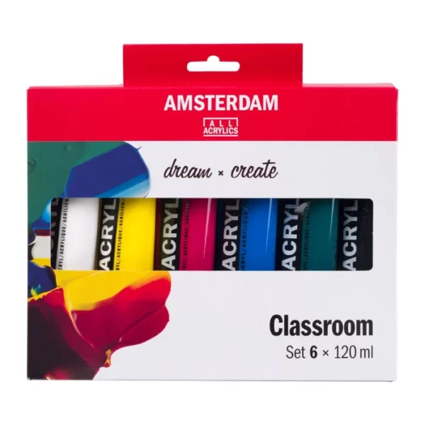 A single Classroom Amsterdam Acrylic Paint Set is shown in the center of the frame. The set is contained in a cardboard box that is printed with a red tab at the top and the Amsterdam logo is printed on the red tab. There is a window cut out of the center of the box so you can see part of the tubes inside. The image is center of the frame and on a white background.